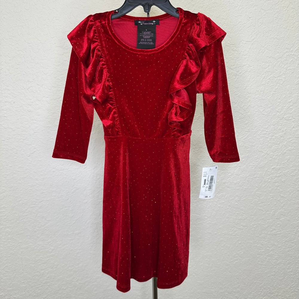 NWT Xtraordinary Girls Red Sparkle Velvet Ruffle Dress Holiday Christmas Size 5